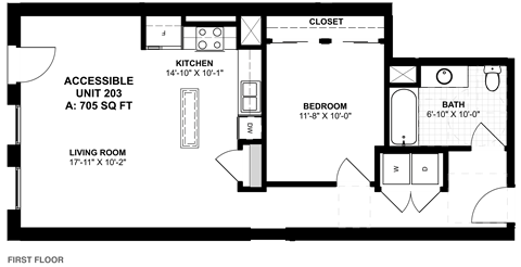 Floor plan for 1 bed, 1 bath, 705 sqft